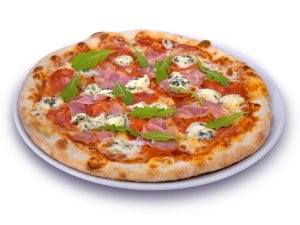 4GO Pizza (paradicsom, Serrano sonka, chorizo, gorgonzola, mozzarella, rukkola)